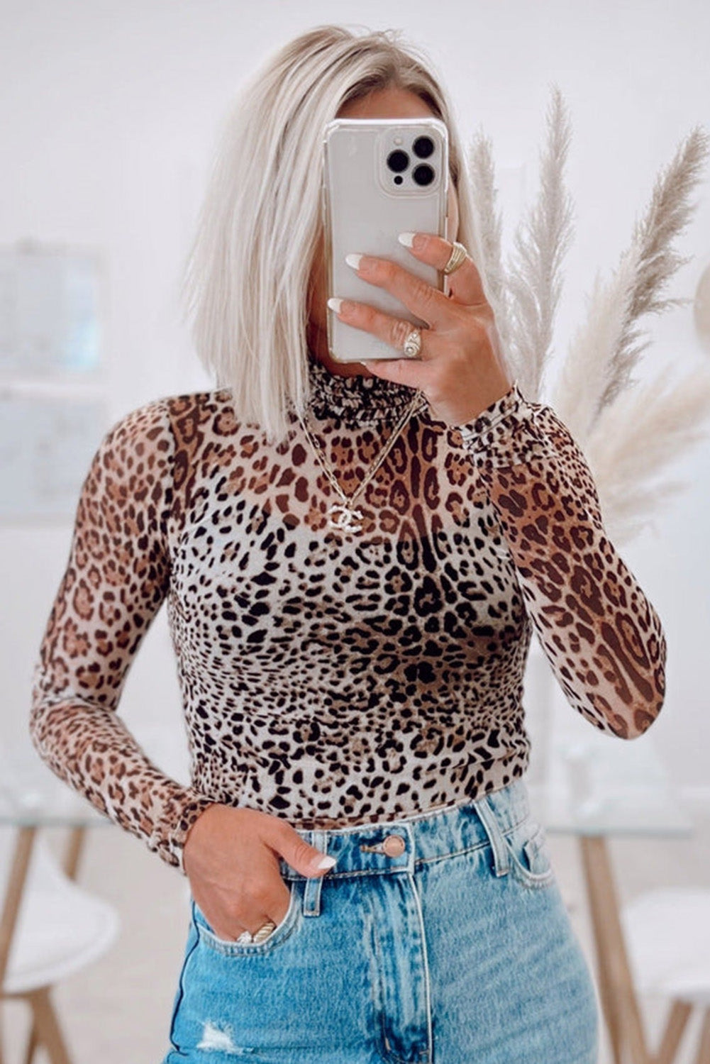 Brown Leopard Smocked Neck Mesh Long Sleeve Bodysuit - Toi ‘n’ Moi Ltd