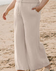 Beige Smocked High Waist Wide Leg Plus Size Pants - Toi ‘n’ Moi Ltd