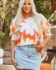 Yellow Ribbed Floral Printed Shirred 3/4 Sleeve Blouse