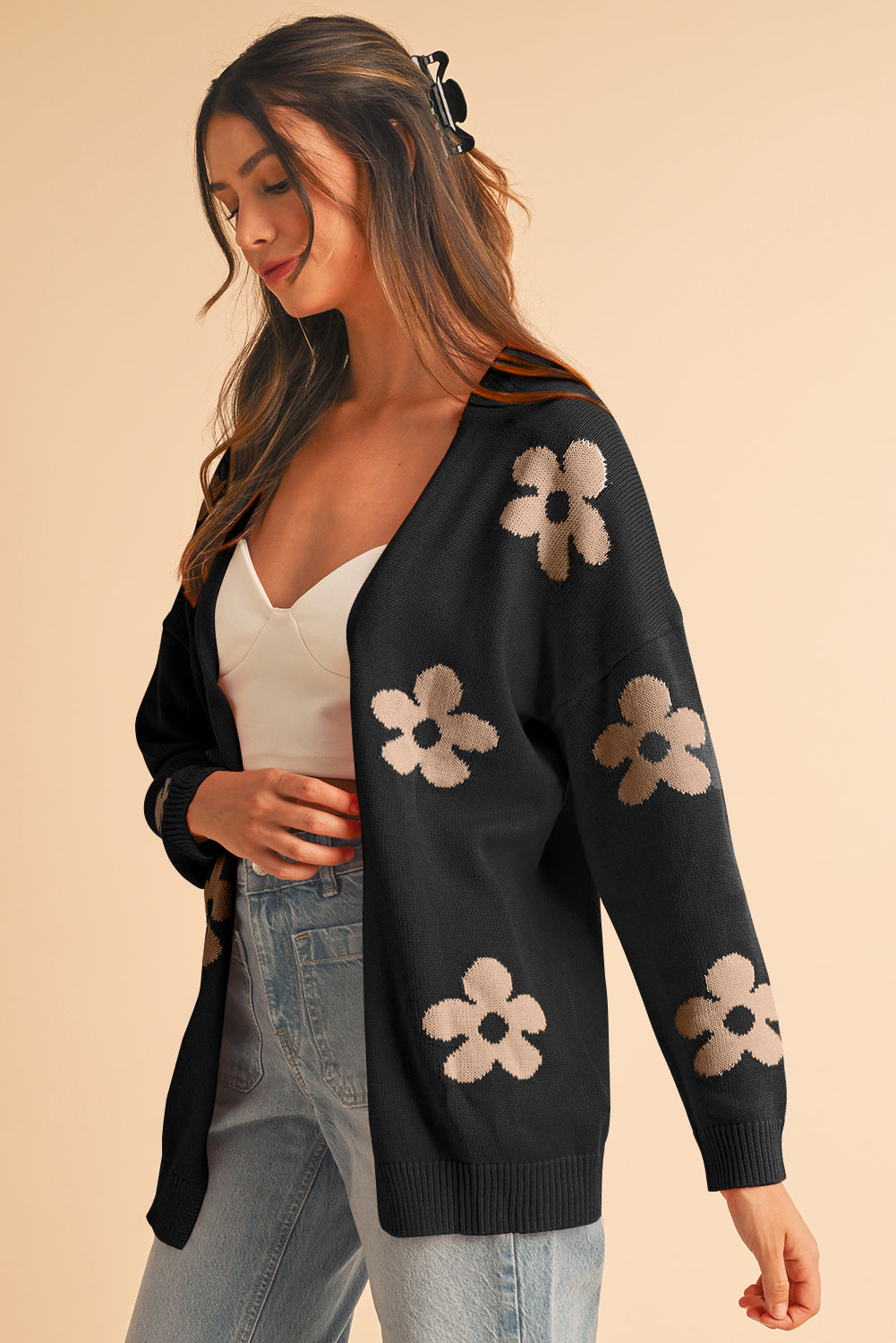 Black 60s Vintage Flower Drop Shoulder Cardigan - Toi ‘n’ Moi Ltd