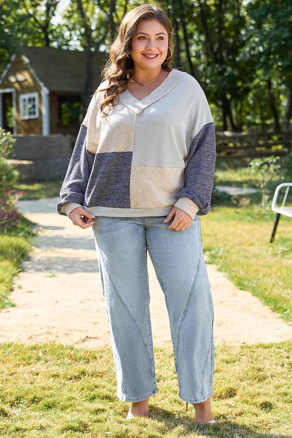 Ashleigh Blue Plus Size Textured Colorblock Patchwork V Neck Top - Toi ‘n’ Moi Ltd