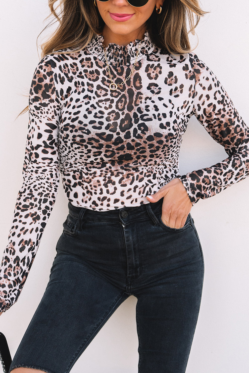 Brown Leopard Smocked Neck Mesh Long Sleeve Bodysuit - Toi ‘n’ Moi Ltd