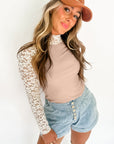 Smoke Gray Floral Lace Patchwork Long Sleeve High Neck Slim Top