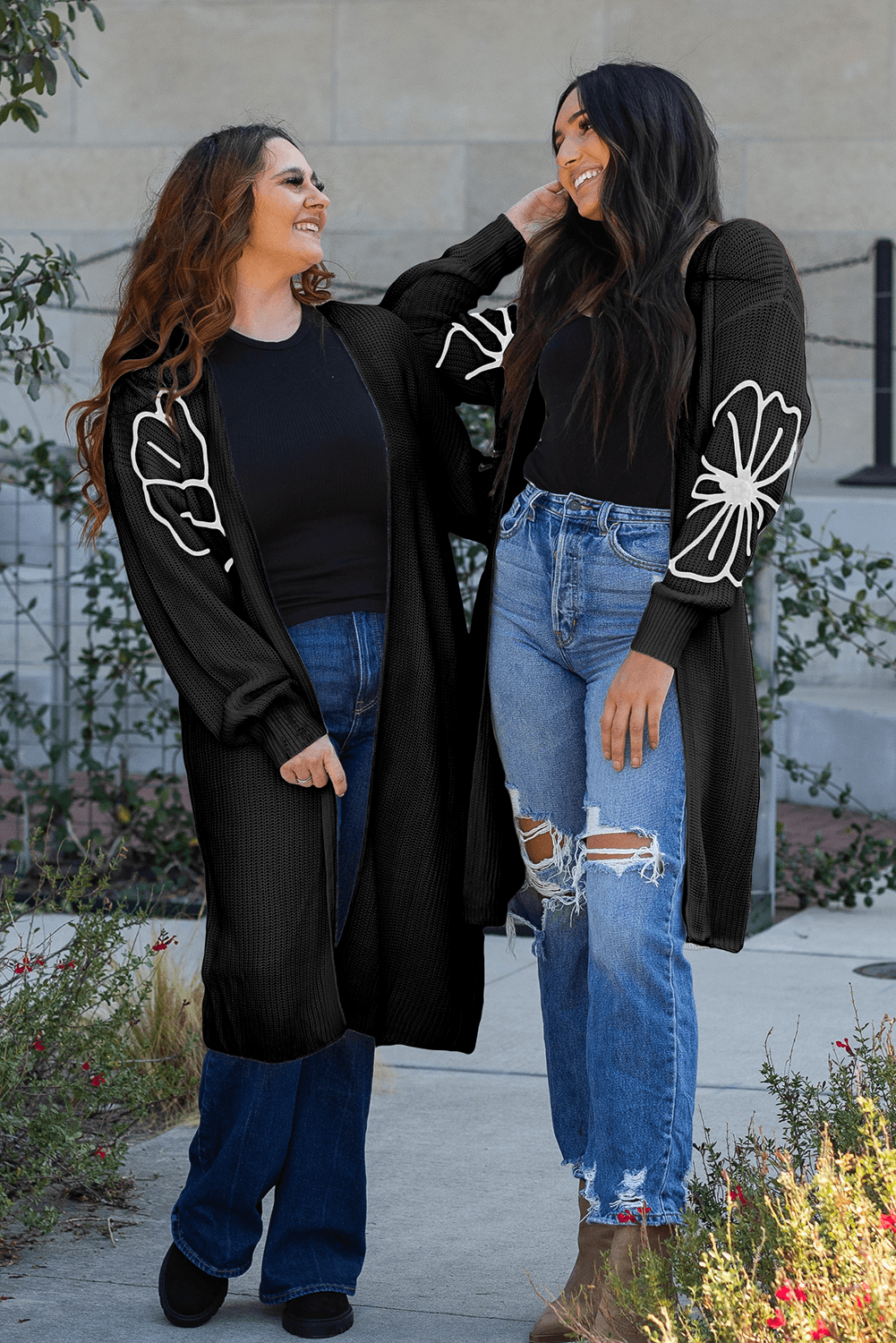 Beige Flower Embroidered Drop Shoulder Open Front Duster Cardigan - Toi ‘n’ Moi Ltd