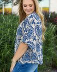 Blue Plus Size Ethnic Printed 3/4 Sleeve V Neck Loose Blouse - Toi ‘n’ Moi Ltd