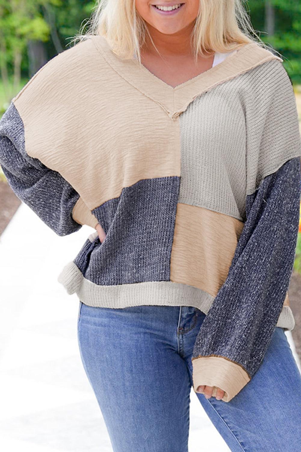 Ashleigh Blue Plus Size Textured Colorblock Patchwork V Neck Top - Toi ‘n’ Moi Ltd