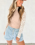 Smoke Gray Floral Lace Patchwork Long Sleeve High Neck Slim Top