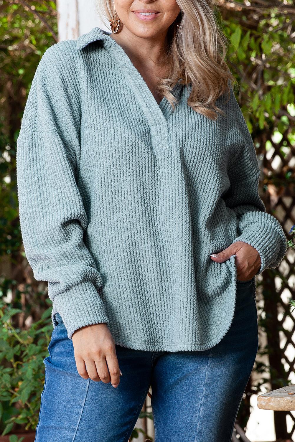 Beau Blue Textured Turn-down V Neck Drop Shoulder Plus Size Top - Toi ‘n’ Moi Ltd