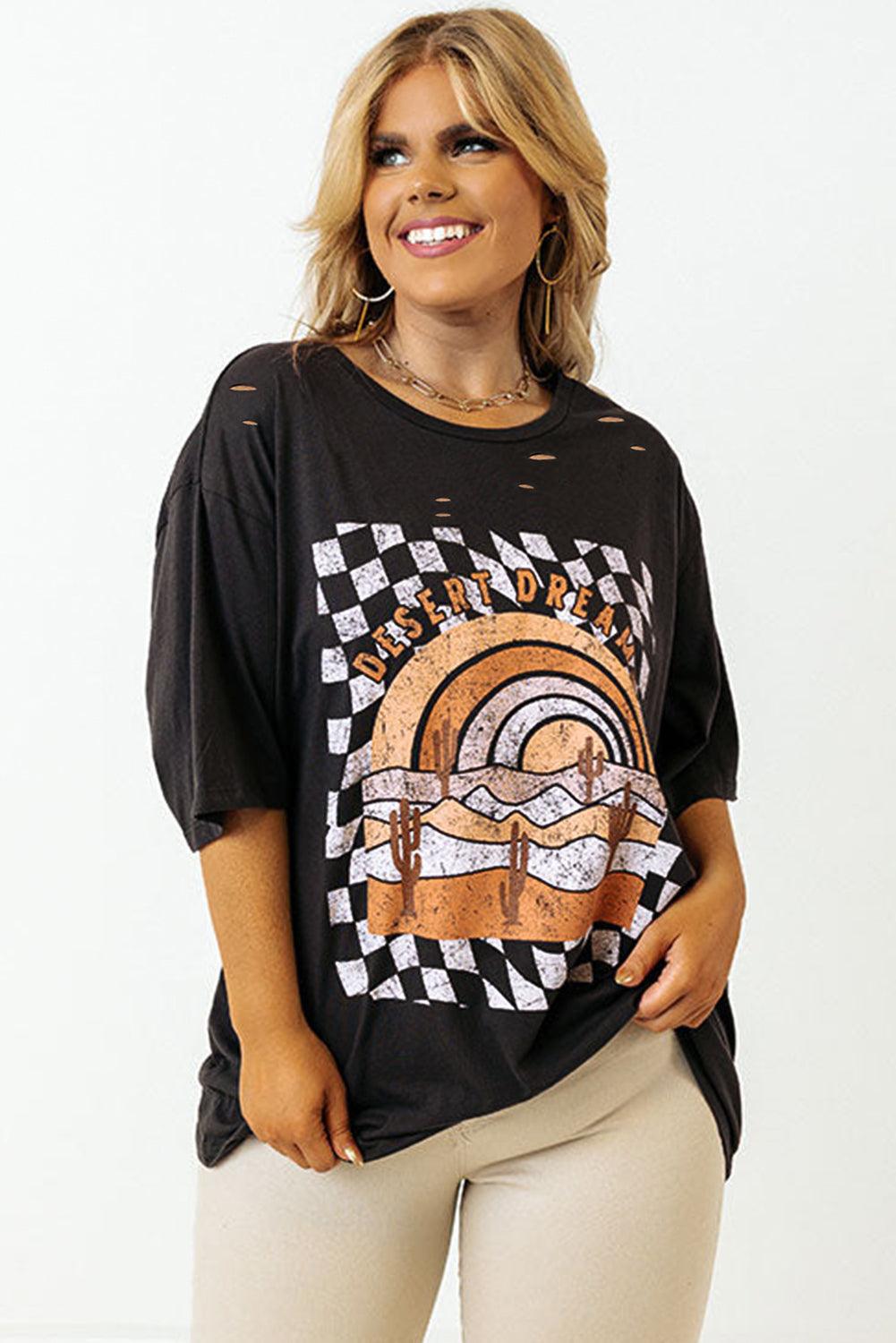 Black Checkerd DESERT DREAMS Printed Ripped Plus Size Tee - Toi ‘n’ Moi Ltd