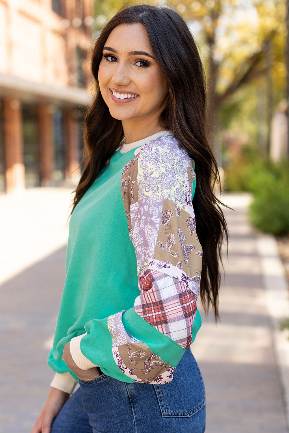 Aruba Blue Plaid Vintage Paisley Patchwork Long Sleeve Raglan Top - Toi ‘n’ Moi Ltd