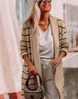 Black Stripe Shawl Neckline Open Cardigan with Pockets - Toi ‘n’ Moi Ltd