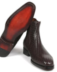Paul Parkman Chocolate Brown Woven Leather Chelsea Boots (ID