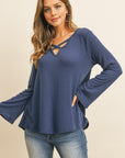 Criss Cross Neck Long Sleeve Hacci Top