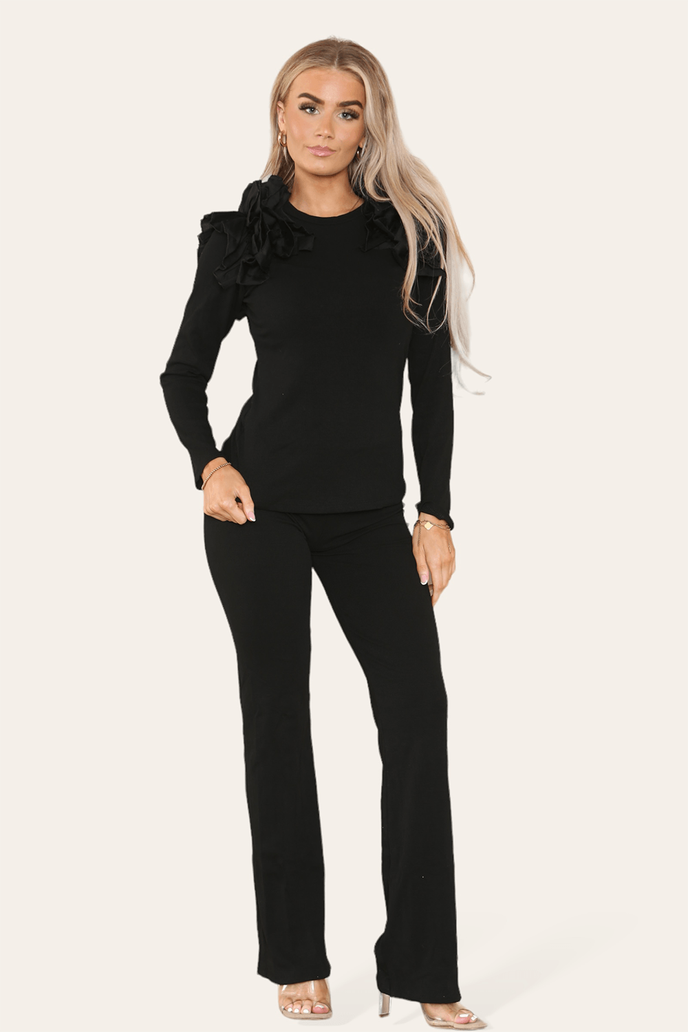 Ruffle Frill Shoulder Ribbed Loungewear Co-Ord Top &amp; Trouser Set - Toi ‘n’ Moi Ltd