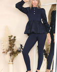 Long Ruched Sleeves Ribbed Peplum Diamond Buttons Frilled Hem Lounge Wear Co-Ord Set - Toi ‘n’ Moi Ltd