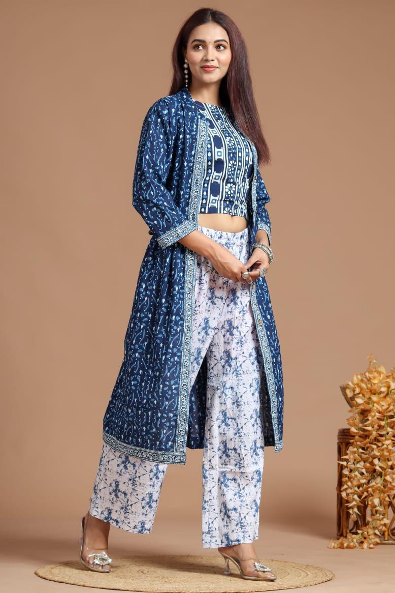 Elegant Crop Top with Pant & Jacket Set – Designer Indo-Western Indian Dress for Wedding, Mehendi, Sangeet & Reception Party Wear - Toi ‘n’ Moi Ltd