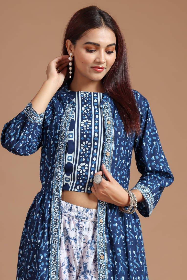 Elegant Crop Top with Pant & Jacket Set – Designer Indo-Western Indian Dress for Wedding, Mehendi, Sangeet & Reception Party Wear - Toi ‘n’ Moi Ltd