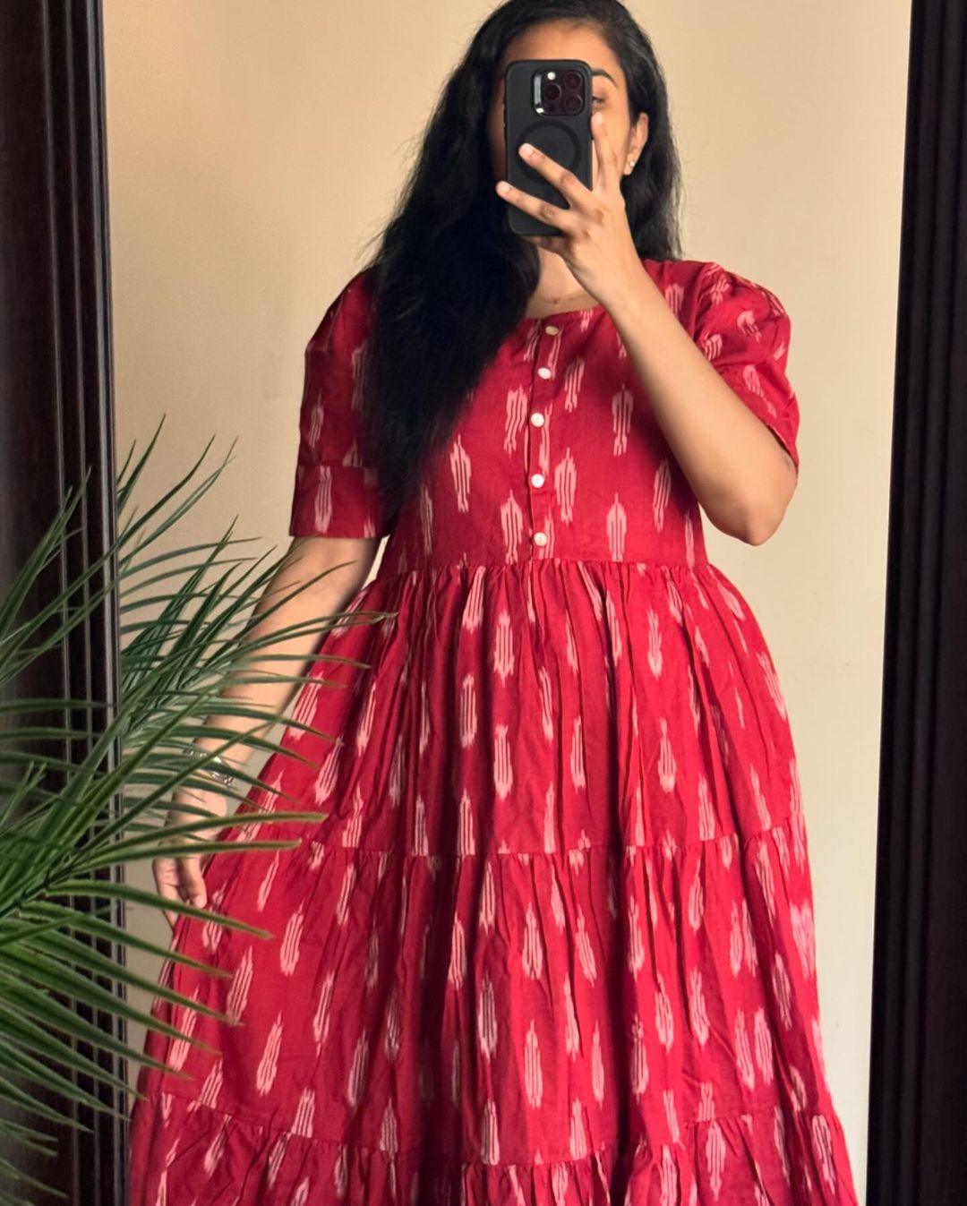 Beautiful Ikkat Print Cotton Full Flare Midi Gown – Elegant and Comfortable Traditional Wear - Toi ‘n’ Moi Ltd