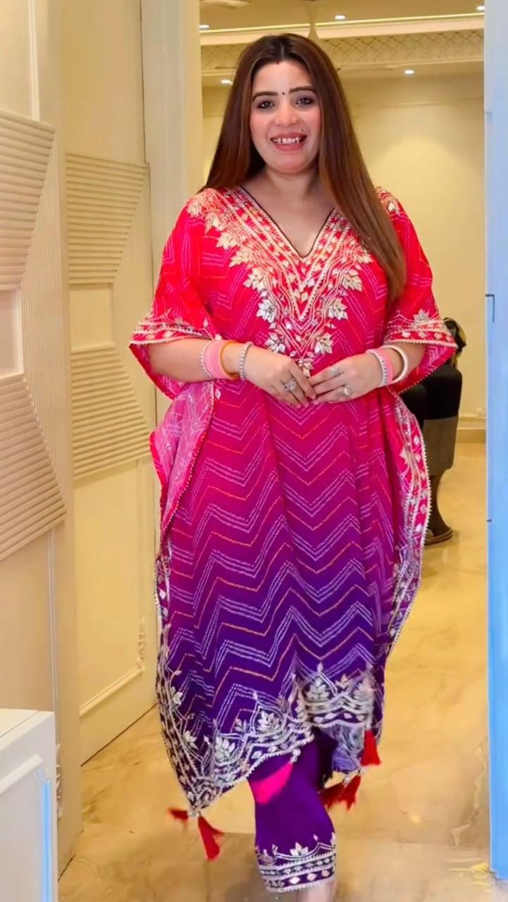 Elegant Bandhani Print Kaftan with Sequence Embroidery – Stylish Set with Pant - Toi ‘n’ Moi Ltd
