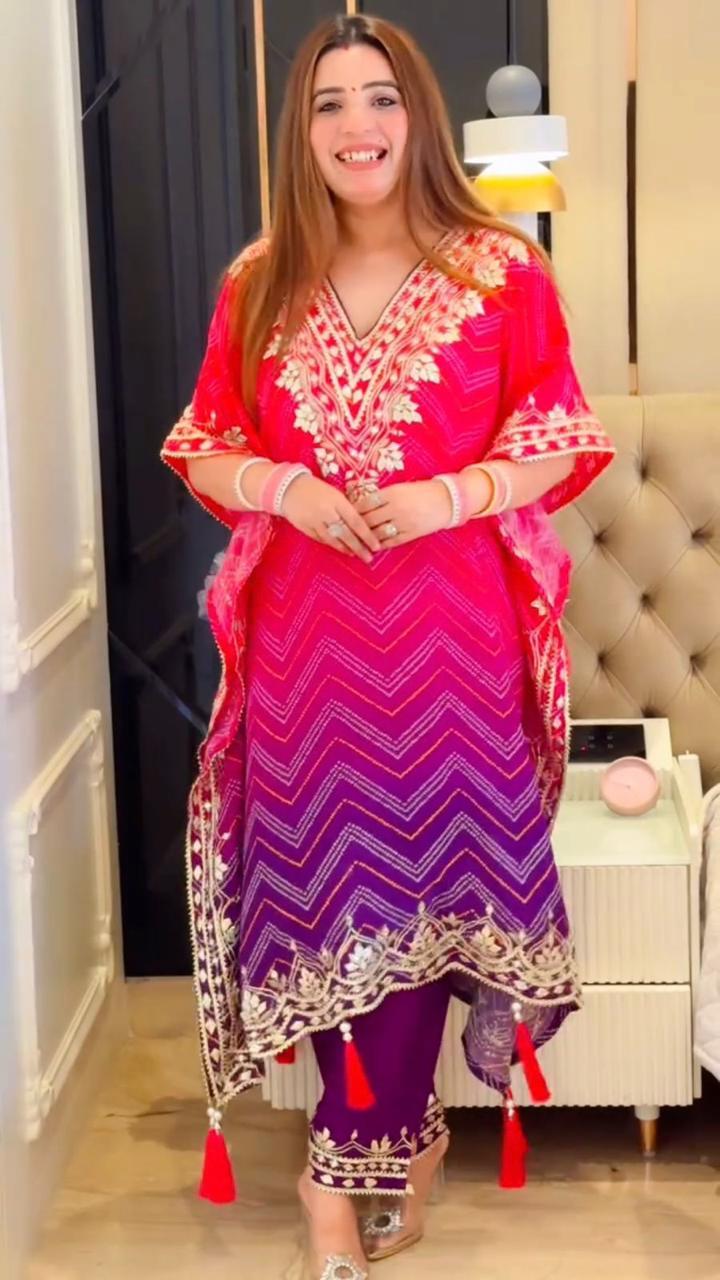 Elegant Bandhani Print Kaftan with Sequence Embroidery – Stylish Set with Pant - Toi ‘n’ Moi Ltd