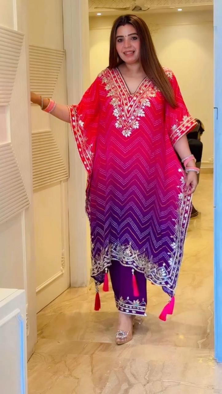 Elegant Bandhani Print Kaftan with Sequence Embroidery – Stylish Set with Pant - Toi ‘n’ Moi Ltd
