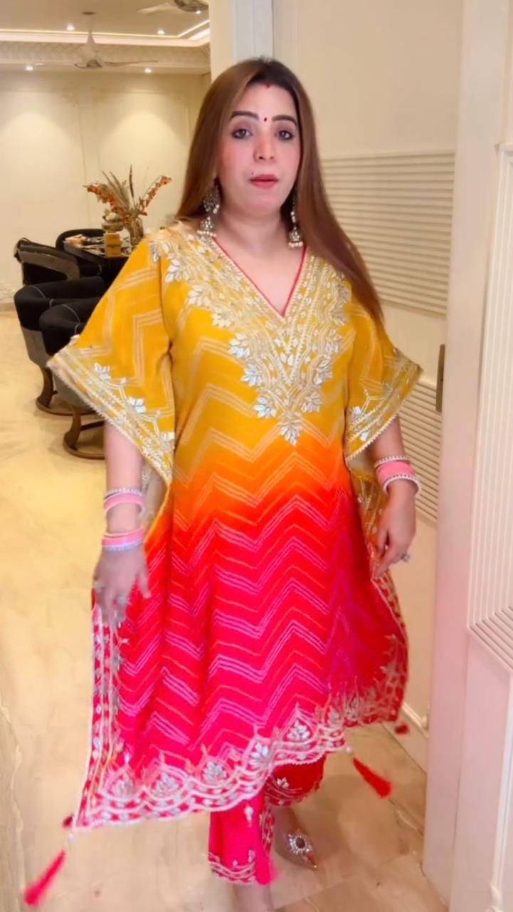 Elegant Bandhani Print Kaftan with Sequence Embroidery – Stylish Set with Pant - Toi ‘n’ Moi Ltd