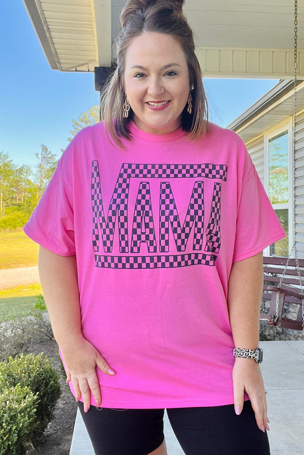Bright Pink Checker MAMA Letter Printed Graphic Plus Size T Shirt - Toi ‘n’ Moi Ltd
