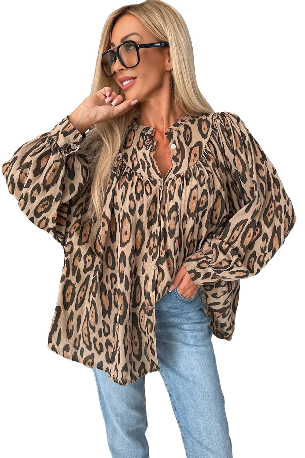 Chemise décontractée surdimensionnée à manches ballon et imprimé léopard beige clair