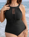 Black Halter Mesh Insert Knotted Back One Piece Plus Size Swimsuit - Toi ‘n’ Moi Ltd