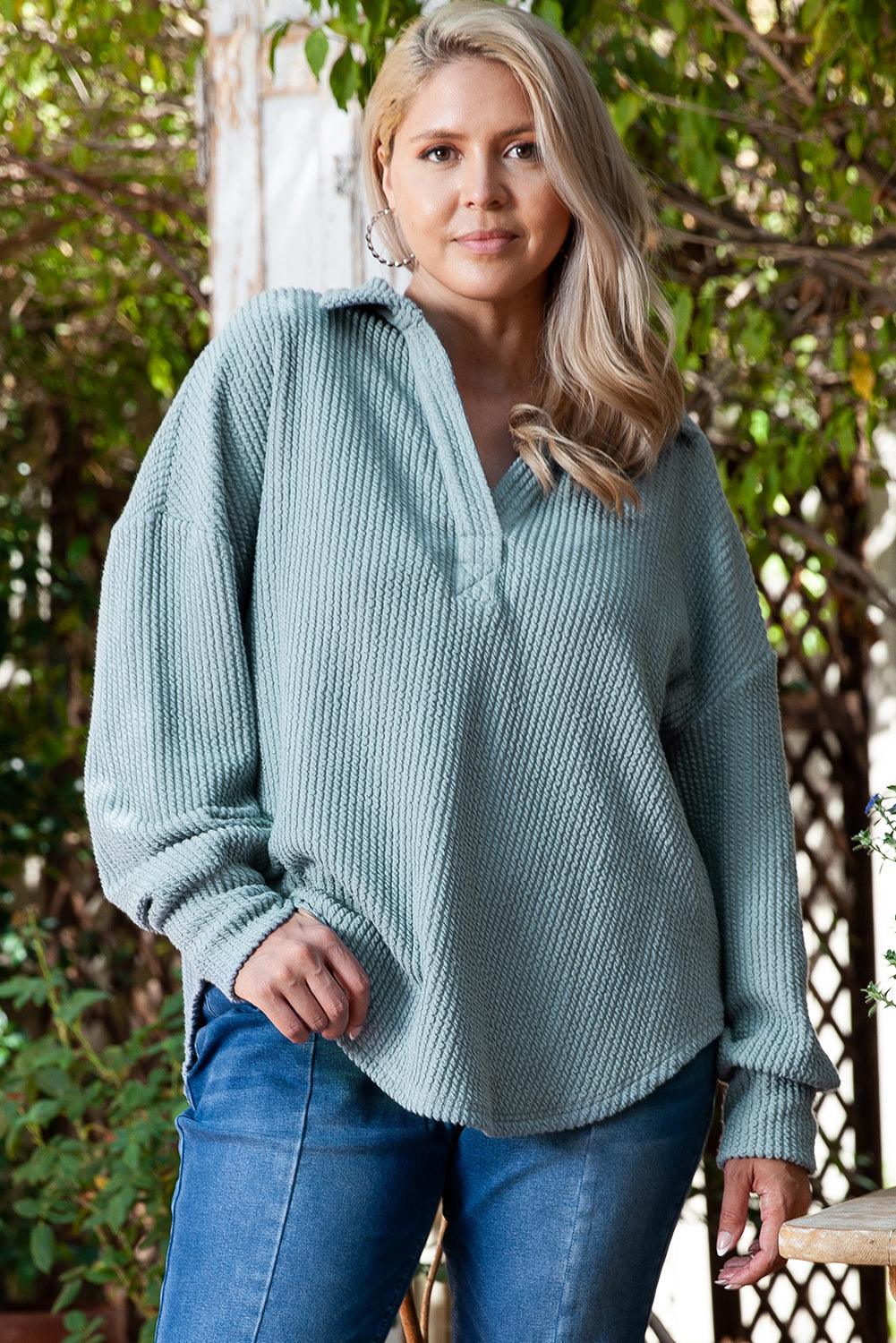 Beau Blue Textured Turn-down V Neck Drop Shoulder Plus Size Top - Toi ‘n’ Moi Ltd