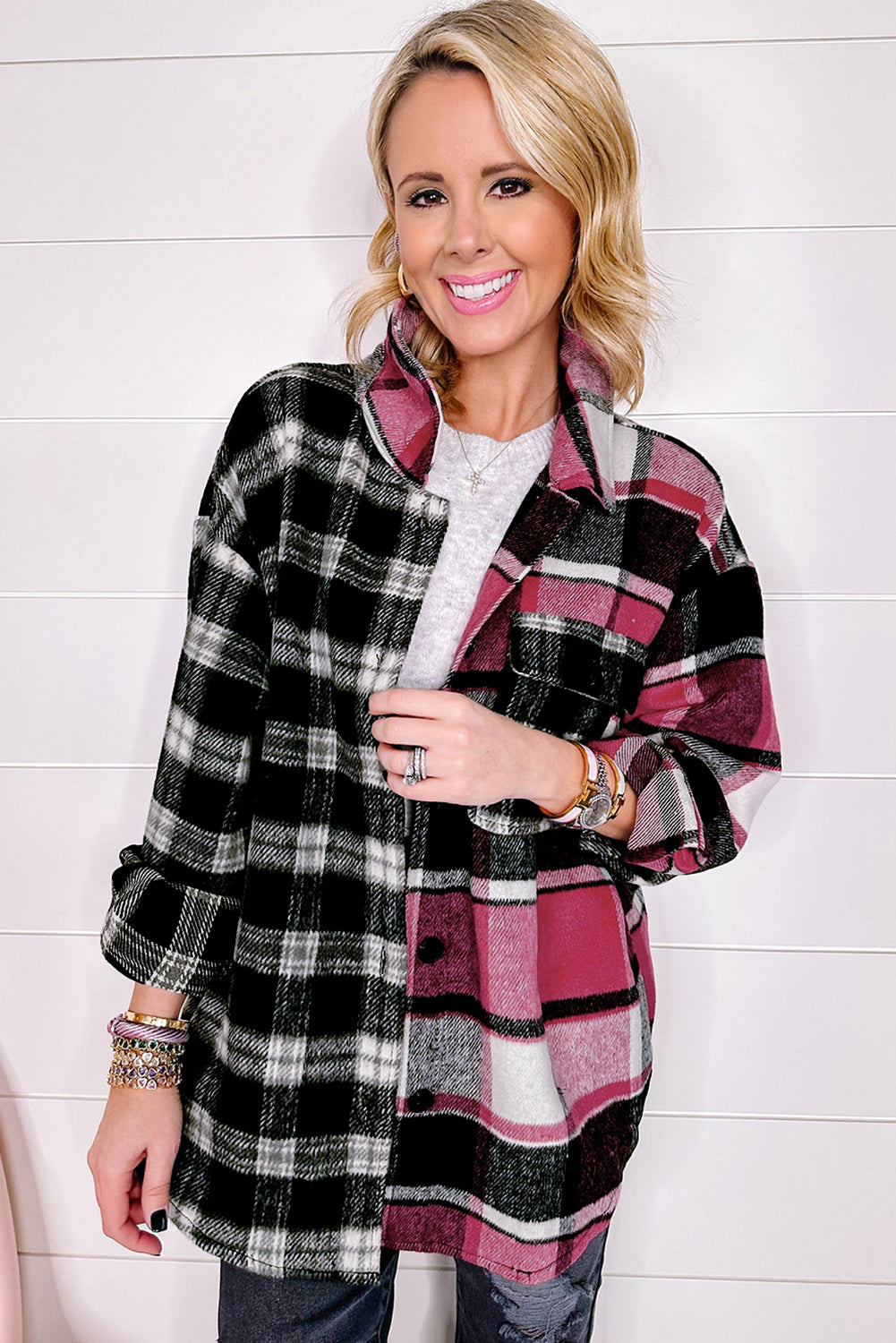 Black Plaid Colorblock Loose Shacket - Toi ‘n’ Moi Ltd