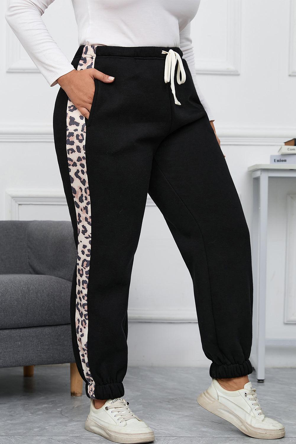 Black Plus Size Contrast Leopard Side Panel Joggers - Toi ‘n’ Moi Ltd