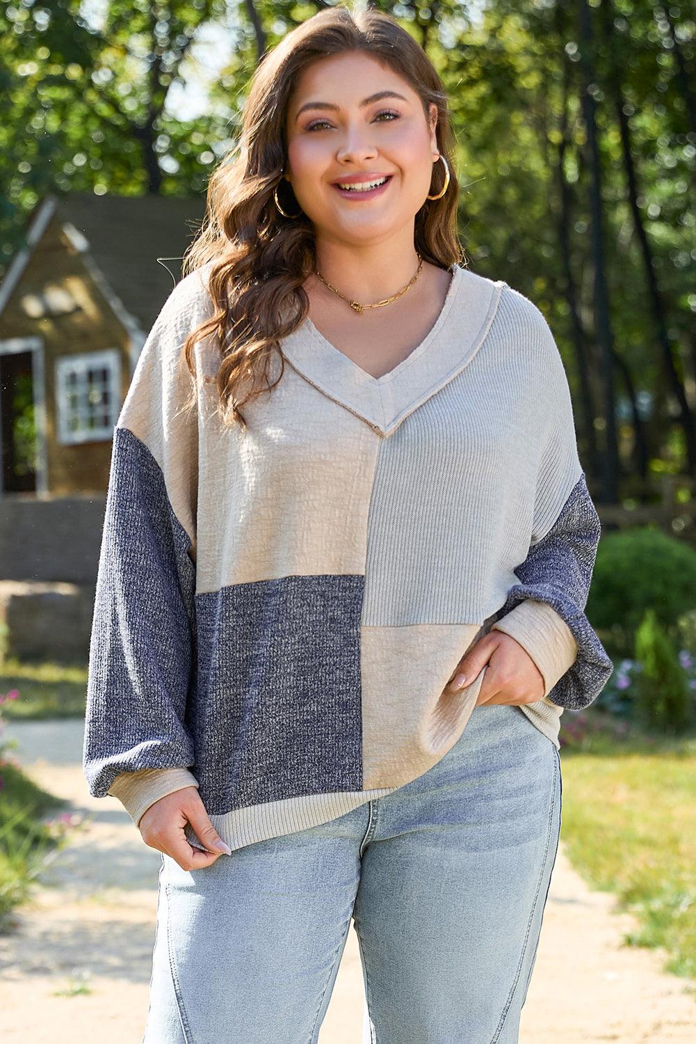 Ashleigh Blue Plus Size Textured Colorblock Patchwork V Neck Top - Toi ‘n’ Moi Ltd