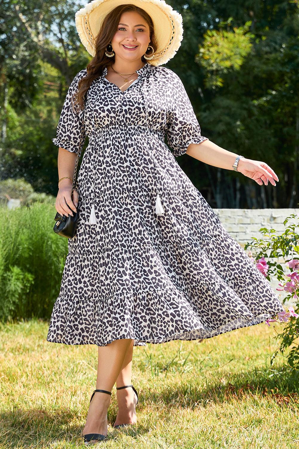 Brown Leopard Tassel Tied Neck Short Sleeve Plus Size Dress - Toi ‘n’ Moi Ltd