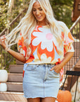 Yellow Ribbed Floral Printed Shirred 3/4 Sleeve Blouse
