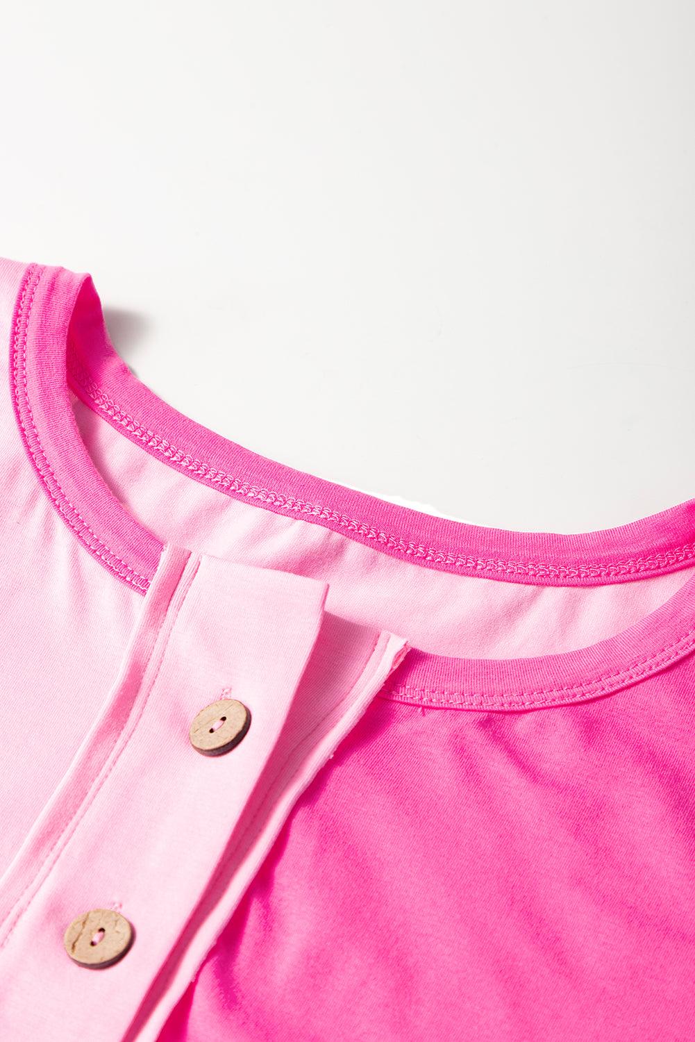 Bright Pink Colorblock Patchwork Short Sleeve Buttons Plus Size Henley Top - Toi ‘n’ Moi Ltd