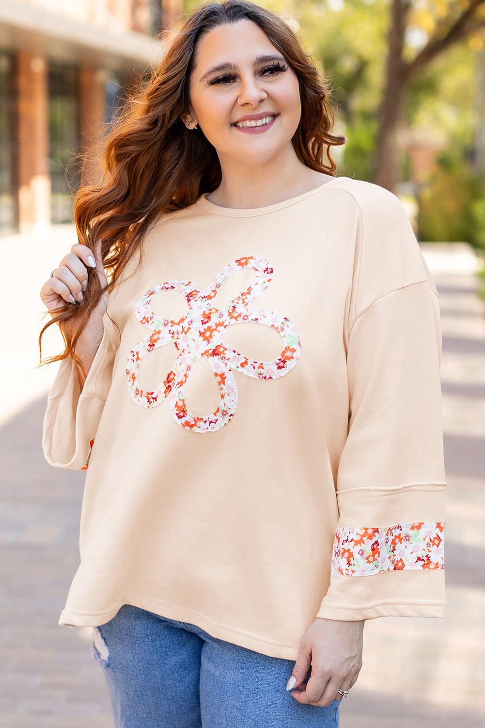 Beige Plus Size Flower Patched Side Slits Crewneck Top - Toi ‘n’ Moi Ltd