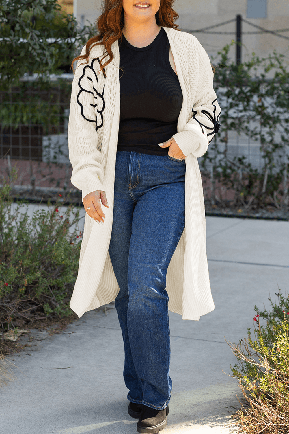 Beige Flower Embroidered Drop Shoulder Open Front Duster Cardigan - Toi ‘n’ Moi Ltd