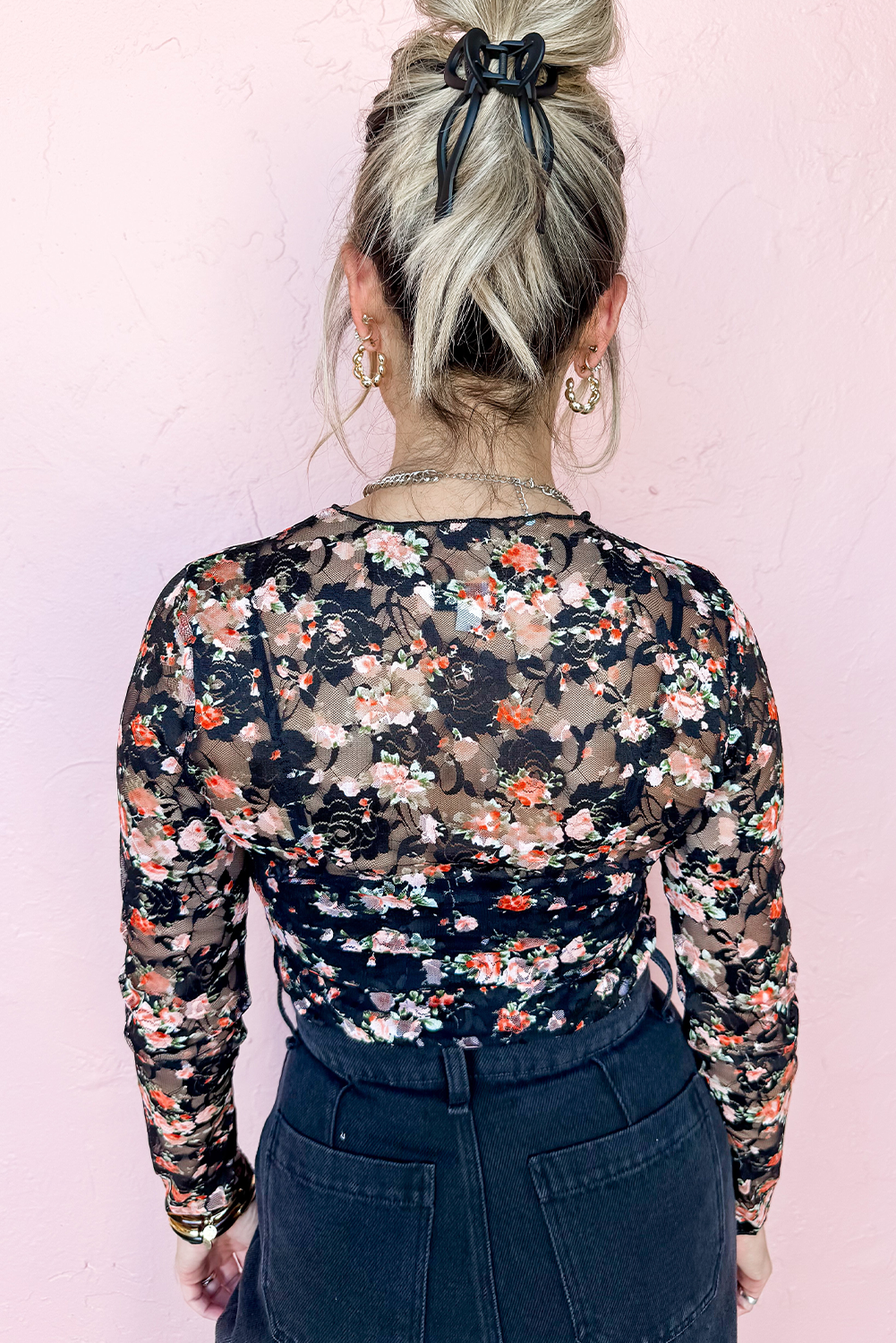 Black Floral Mesh Sheer Long Sleeve Top - Toi ‘n’ Moi Ltd