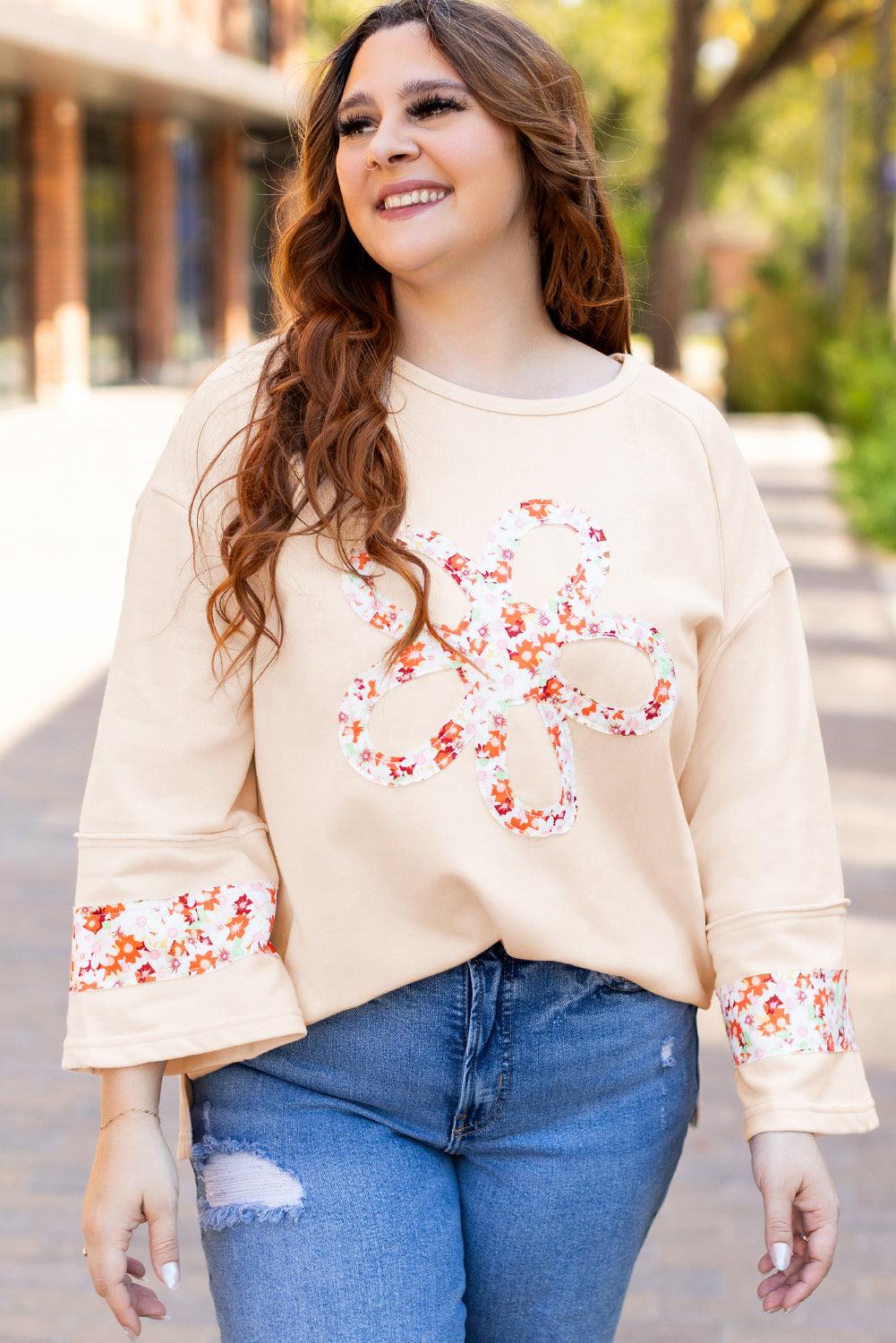 Beige Plus Size Flower Patched Side Slits Crewneck Top - Toi ‘n’ Moi Ltd