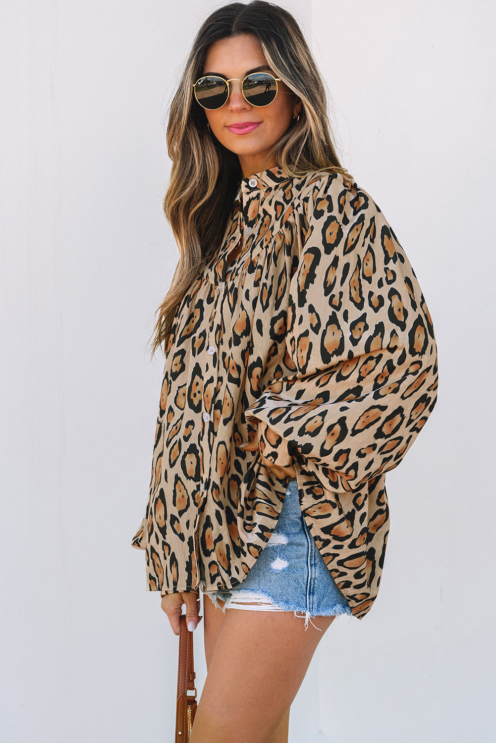 Chemise décontractée surdimensionnée à manches ballon et imprimé léopard beige clair