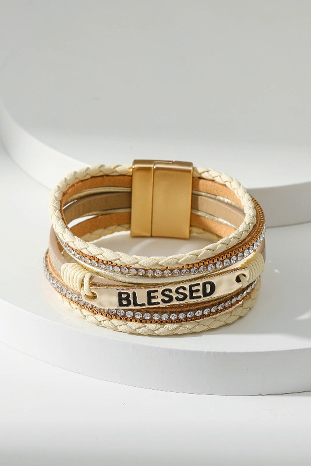 Beige BLESSED Rhinestone Braided Detail Buckle Bracelet - Toi ‘n’ Moi Ltd