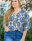 Blue Plus Size Ethnic Printed 3/4 Sleeve V Neck Loose Blouse - Toi ‘n’ Moi Ltd