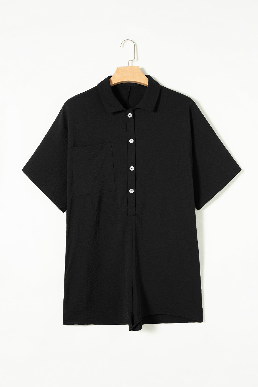 Black Plain Half Button Collared Pocket Loose Romper - Toi ‘n’ Moi Ltd