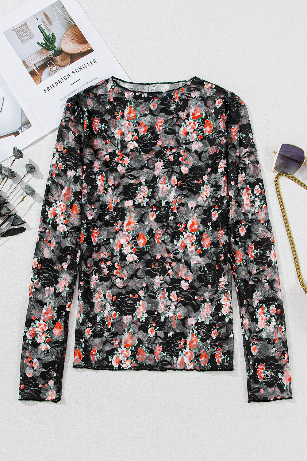 Black Floral Mesh Sheer Long Sleeve Top - Toi ‘n’ Moi Ltd