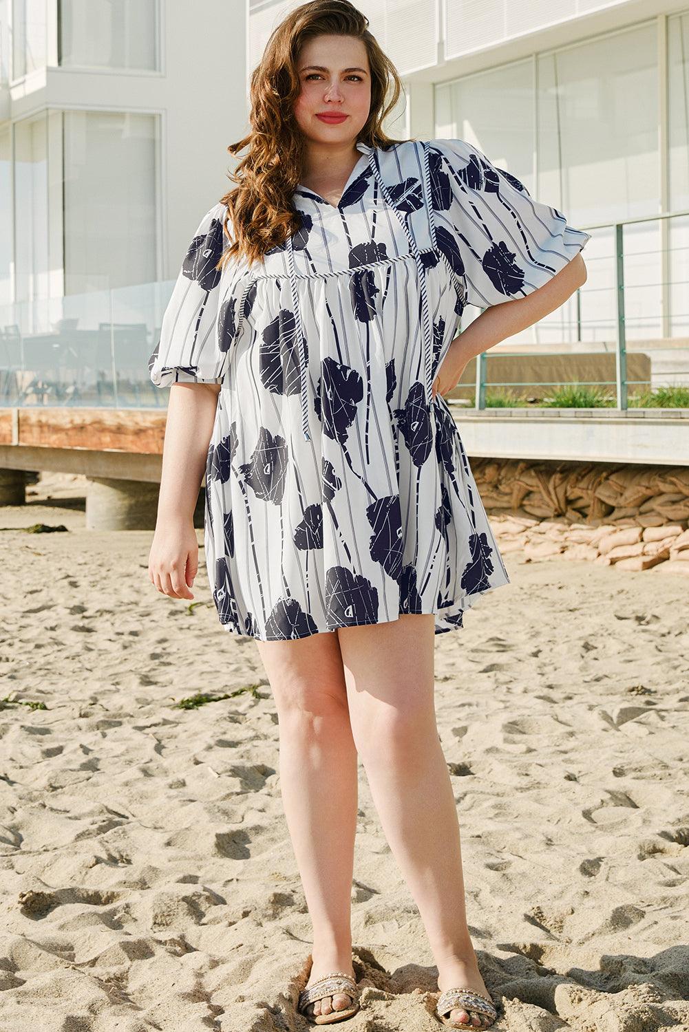 Black Plus Size Floral 3/4 Puff Sleeve Lace-up Neck Mini Dress - Toi ‘n’ Moi Ltd