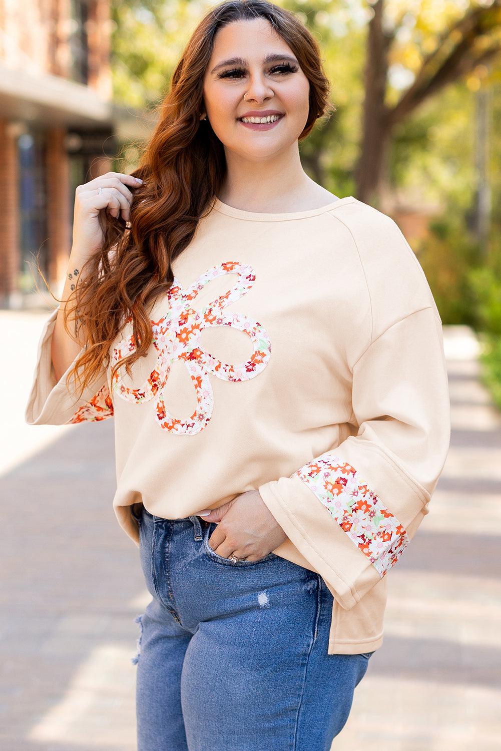 Beige Plus Size Flower Patched Side Slits Crewneck Top - Toi ‘n’ Moi Ltd