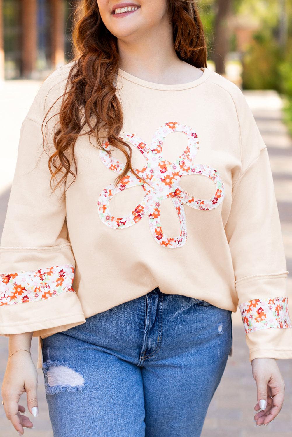 Beige Plus Size Flower Patched Side Slits Crewneck Top - Toi ‘n’ Moi Ltd