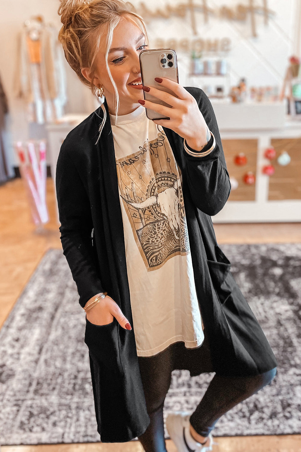 Black Solid Color Open Front Cardigan with Pocket - Toi ‘n’ Moi Ltd