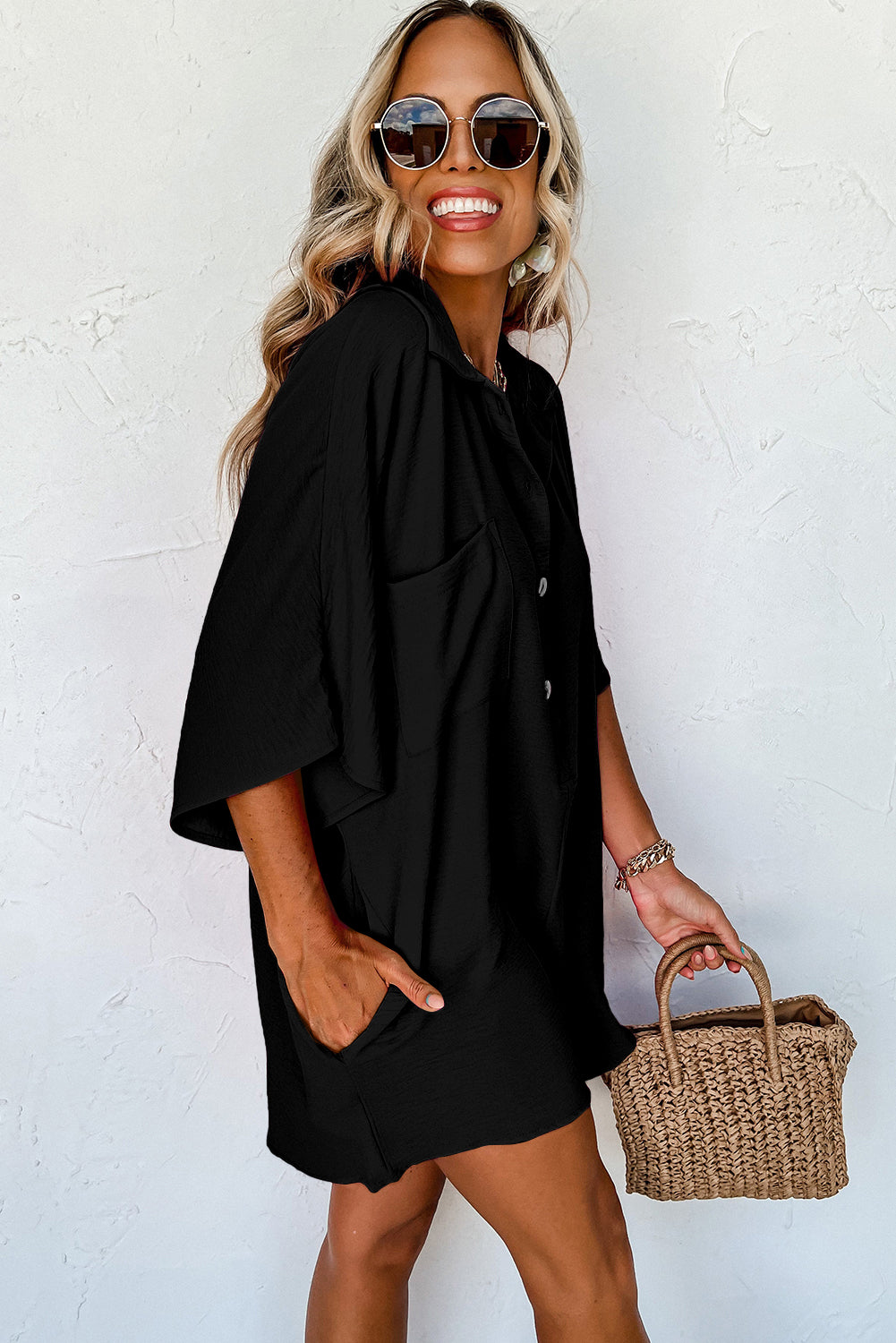 Black Plain Half Button Collared Pocket Loose Romper - Toi ‘n’ Moi Ltd